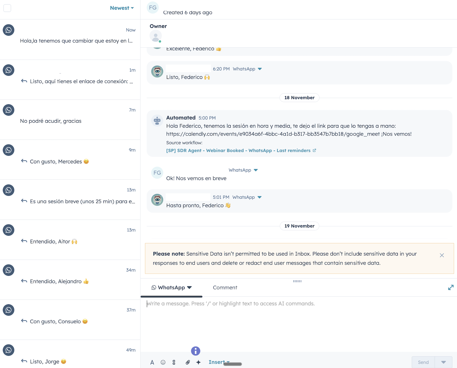 Conversaciones de WhatsApp en HubSpot